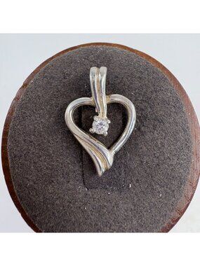 VTG Sterling Silver 925 Cubic Zirconia Open Heart Pendant Size 0.75" Length